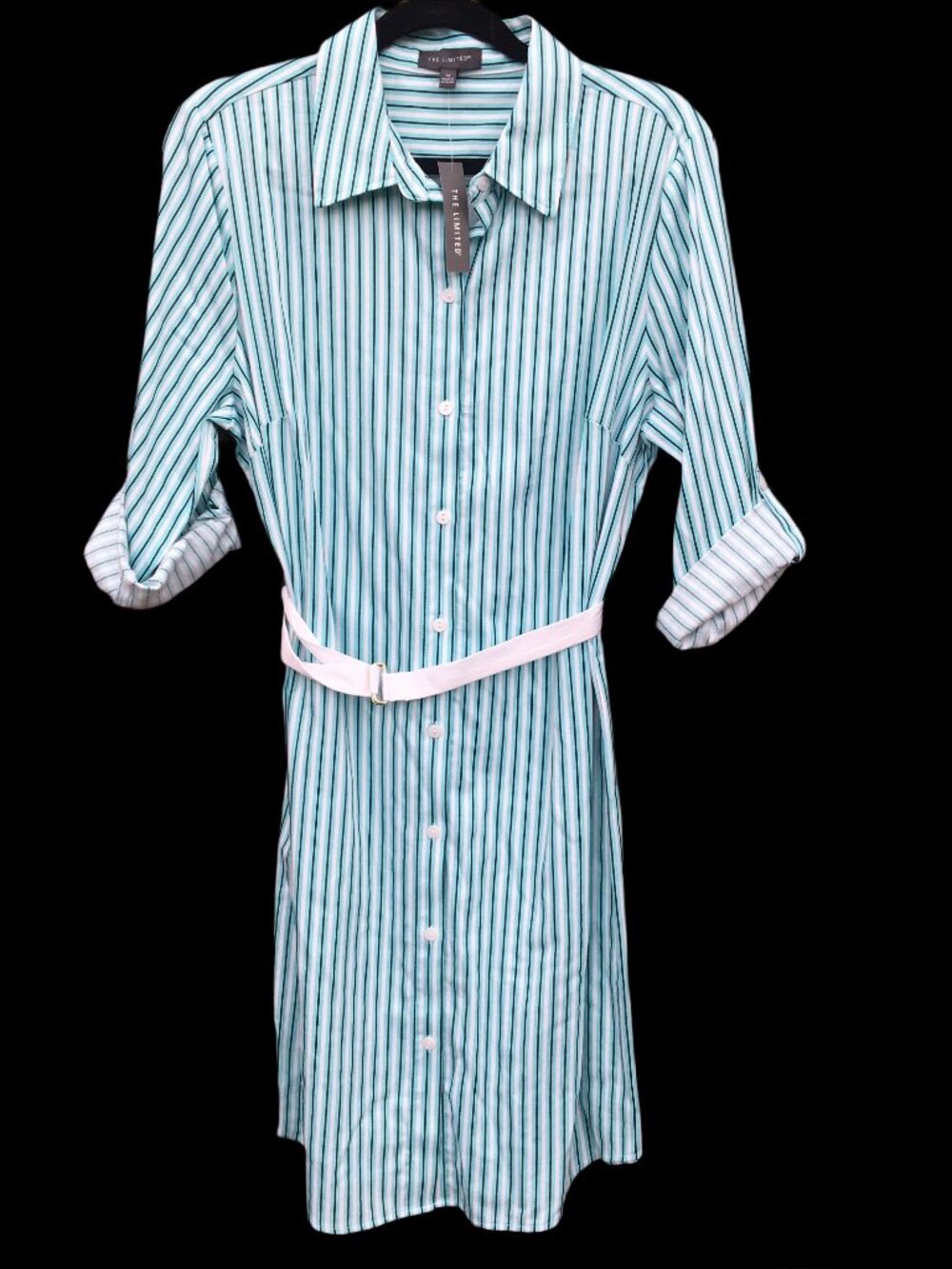 The Limited Belted Shirt Dress Sz 14 Calm Sea Stripe Turquoise White Career